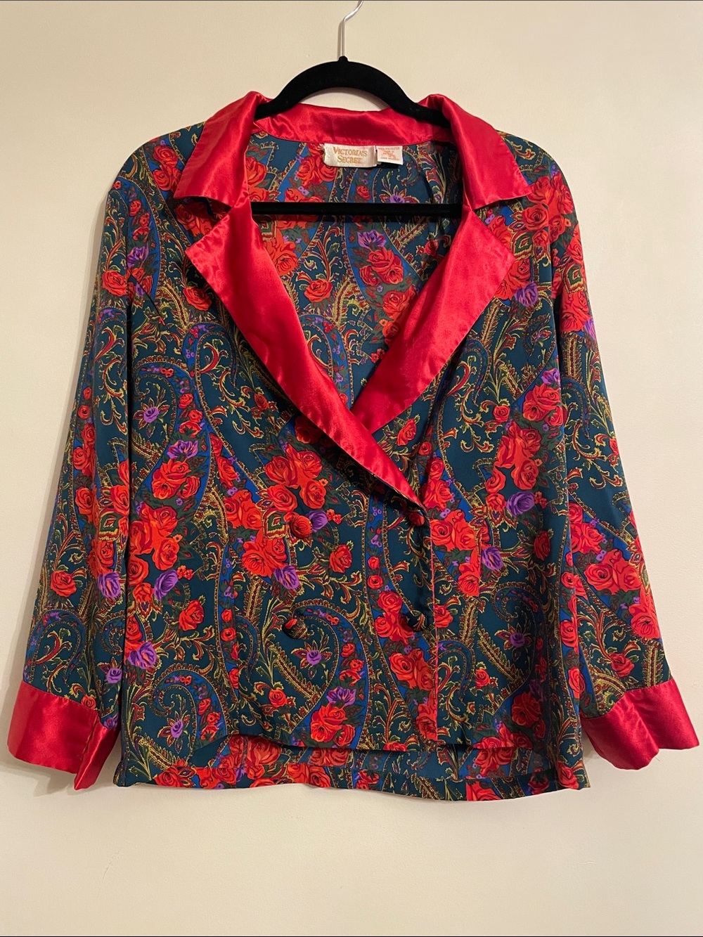Vintage Victoria’s Secret Pajama Top Floral Paisley Satin Trim Sleepwear Women’s
